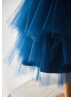 Cap Sleeves Gold Lace Navy Blue Tulle Tea Length Flower Girl Dress